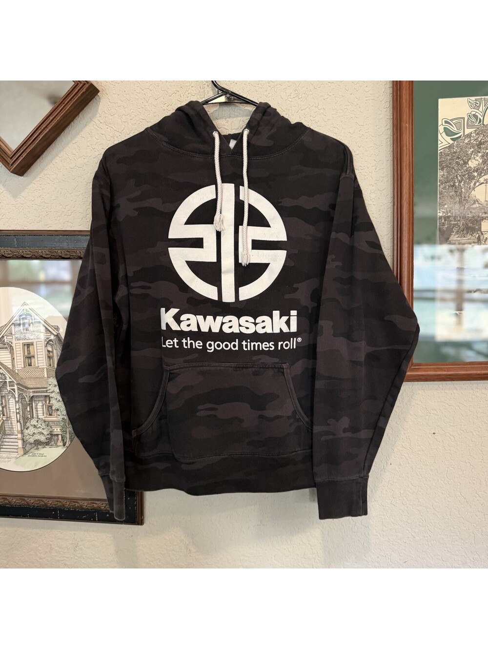 Vintage 00s Kawasaki Grey Black Camo Motorcycle Biker Hoodie Size Medium